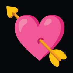 Heart with Arrow flat icon sticker design. Isolated heart valentine emoji  with an arrow through the center, like the arrow that cupid shoots for love sign label design.