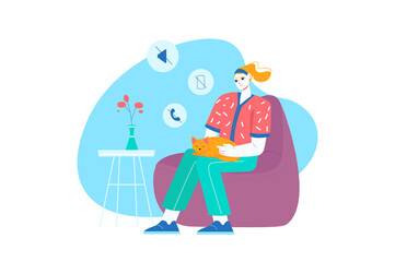 Blue concept Digital detox with people scene in the flat cartoon design. Girl rest on a chair with a cat away from all digital gadgets.