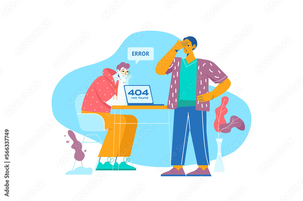 Aufkleber 404 not found blue concept with people scene in the flat cartoon style. two programmers do not under