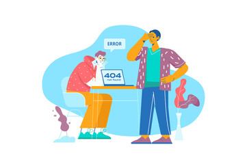 404 not found blue concept with people scene in the flat cartoon style. Two programmers do not understand why the program gives an error.