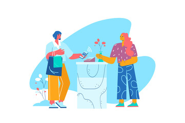 PayPal blue concept with people scene in the flat cartoon style. Woman pays for purchases through the terminal and the PayPal system in the store.