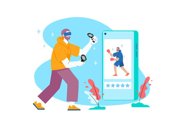 Metaverse blue concept with people scene in the flat cartoon design. Guy plays games in a virtual world which he entered using smartphone and VR-glasses.