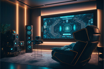 Fototapeta na wymiar Futuristic home cinema room generative AI
