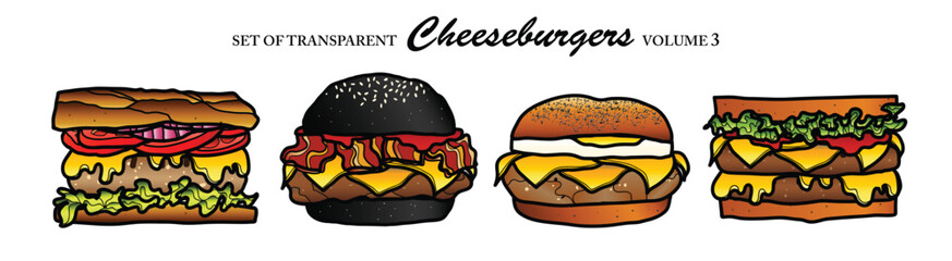 Cute hand drawn isolated color cheeseburgers on white background (Volume 3)