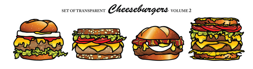 Cute hand drawn isolated color cheeseburgers on white background (Volume 2)