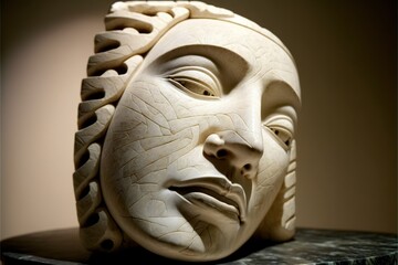 Human face in inuit carving style, concept of Cultural Representation and Sculptural Art, created with Generative AI technology