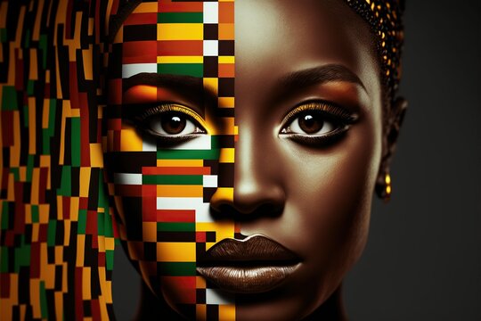 Human face in kente cloth style, concept of Cultural Expression and Geometric Patterns, created with Generative AI technology