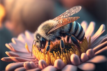 Close-up of a heavily loaded bee on a flower on a sunny meadow, macro ,Generative AI
