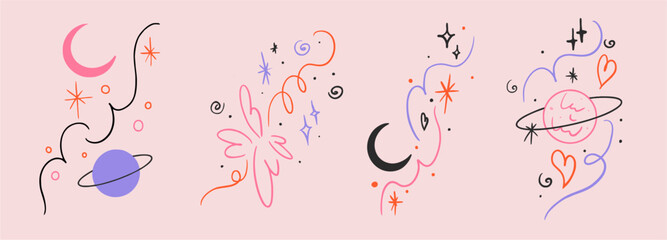 Set of vector sticker, tattoo. The tattoo is drawn with a thin line. Bright pattern, Saturn and moon, swirls, heart with fire hand drawn sketch. Vector illustration. © Екатерина Перанова