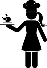 Chef cook stick figure woman standing with roasted chicken icon. Black and white illustration silhouette pictogram