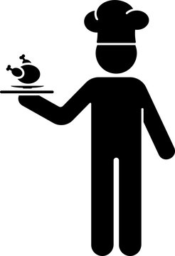 Chef cook stick figure man standing with roasted chicken icon. Black and white illustration silhouette pictogram