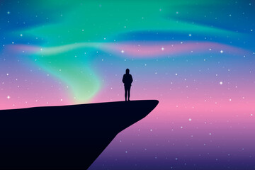Fototapeta premium girl on a cliff looks in the colorful starry sky with aurora borealis