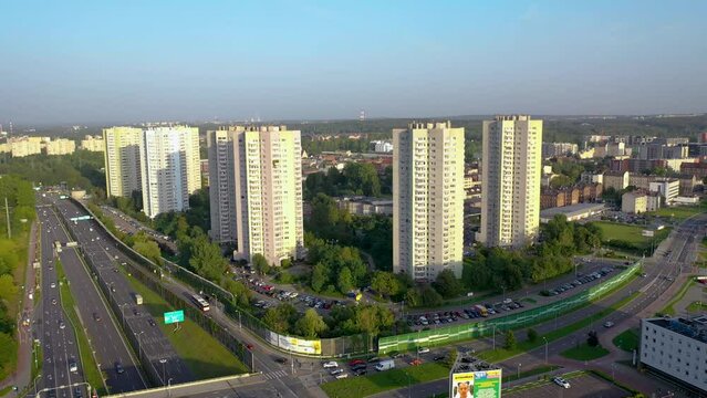 Drone view of buildings at Walenty Rozdzienski Estate called The Stars in Katowice, Poland