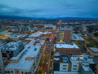 Tucson modern city aerial view at sunset on E Broadway Blvd at S Stone Avenue in downtown Tucson,...
