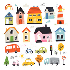 Colorful vector illustration, hand-drawn children simple set with cars, houses, trees in Scandinavian style on a white background. Children's set with cars. Transport. Road. City. Architecture.