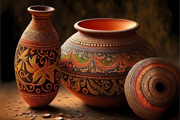 Pottery in rangoli style, concept of Intricate Design and Handcrafted Art, created with Generative AI technology
