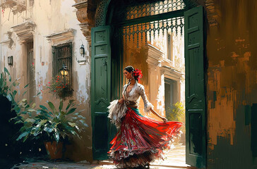 Generative AI illustration of Young woman dancing flamenco - obrazy, fototapety, plakaty
