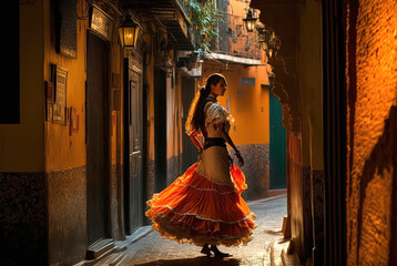 Generative AI illustration of Young woman dancing flamenco