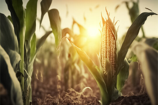 Corn cob with green leaves growth in agriculture field. Background with a field of corn plantations, growing corn background. Corn agriculture harvesting. generative AI