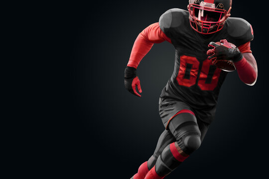 American Football player in red and black uniform in running pose on black background. American Football, advertising poster, template, blank, sports. 3D illustration, 3D rendering.
