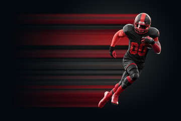 American Football player in red and black uniform in running pose on black background. American Football, advertising poster, template, blank, sports. 3D illustration, 3D rendering.
