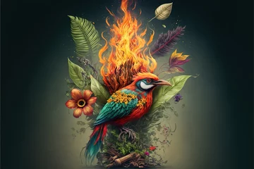 Fotobehang Zoology and botany on fire, concept of Ecology and Taxonomy, created with Generative AI technology © tookitook