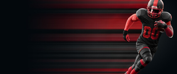 American Football player in red and black uniform in running pose on black background. American Football, advertising poster, template, blank, sports. 3D illustration, 3D rendering.