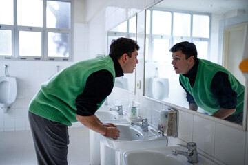 Obraz premium young boy exploring different emotions in front of the mirror