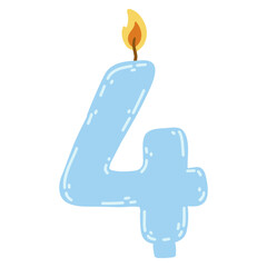 Candle number four in flat style. Hand drawn vector illustration of 4 symbol burning candle, design element for birthday cakes