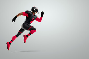 American Football player in red and black uniform in running pose on white background. American Football, advertising poster, template, blank, sports. 3D illustration, 3D rendering.