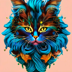 Generative AI, a portrait of a fluffy black cat painted in an oil painting style with splashes of colored paint in a beautiful fluffy long coat, detailed eyes of a cat, 3D cinematic studio lighting.
