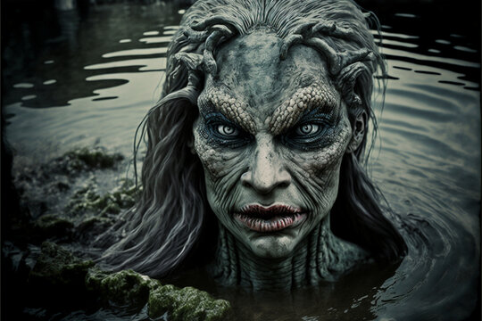 old horror ugly mermaid in a polluted dirty river generative AI