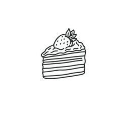 Vector illustration in doodle style. Piece of cake with strawberry. Simple drawing of dessert pie, cake. Black and white line drawing.