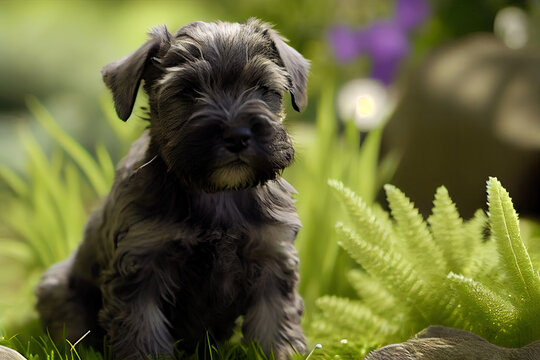 Cesky Terrier puppy, playing in the garden, Generative AI