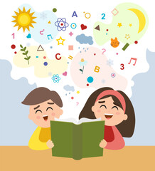 Obraz premium Small kids holding open books and reading. Vector concept illustration