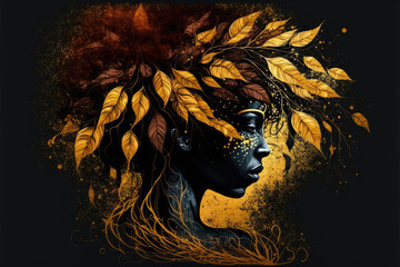 Digital painting of a woman's face with leaves on her head, Generative AI
