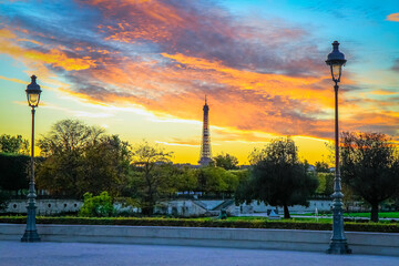 Parisien architecture and Eiffel tower at evening, Paris, France