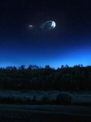 Large asteroid in the night sky. Surreal landscape with space stones over a valley and hills....