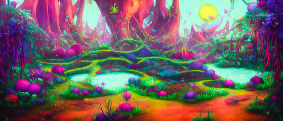 Enchanted Land, A Fairytale World Amidst Alien Jungle. Generative AI