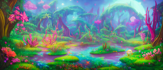 Fototapeta na wymiar Enchanted Land, A Fairytale World Amidst Alien Jungle. Generative AI