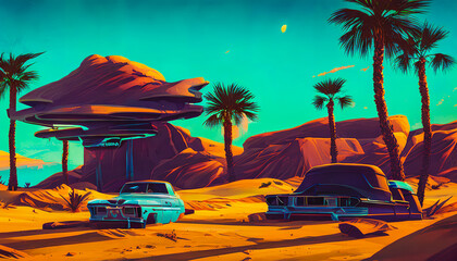 A picturesque and tranquil landscape featuring palm trees silhouetted against a warm and golden retro sunset. The serene and scenic scene is reminiscent of a tropical paradise. Generative AI