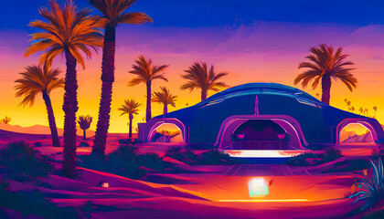 A picturesque and tranquil landscape featuring palm trees silhouetted against a warm and golden retro sunset. The serene and scenic scene is reminiscent of a tropical paradise. Generative AI