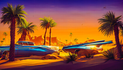 A picturesque and tranquil landscape featuring palm trees silhouetted against a warm and golden retro sunset. The serene and scenic scene is reminiscent of a tropical paradise. Generative AI