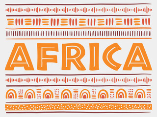 Africa concept. Stylised African Pattern on light background. Ethnic and Tribal Motifs. Hand drawn. Horizontal stripes. For banner, poster, flyer. Vector illustration © Elena Iakovleva