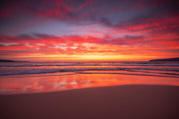 Fototapeta na wymiar Beautiful sunrise over the sea shore beach and waves. Bulgaria