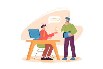 Digital business concept with people scene in the flat cartoon design. Employee explains to the manager how to transfer all business data to the computer.