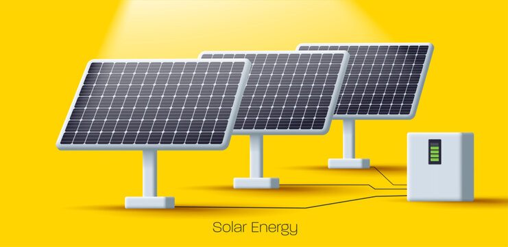 3d solar power station with panel and energy collector, 3d illustration, render 3d style, yellow bright