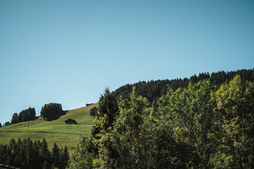 Majestic mountains in the Alps covered with trees and clouds