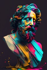 Ancient statue bust of Zeus God, head isolated on dark background with paint colorful splashes. Vaporwave aesthetic style. Generative AI