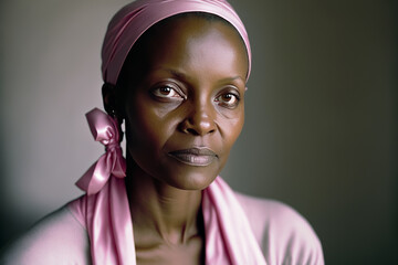 Portrait of black woman with pink head scarf for international cancer day. generative ai